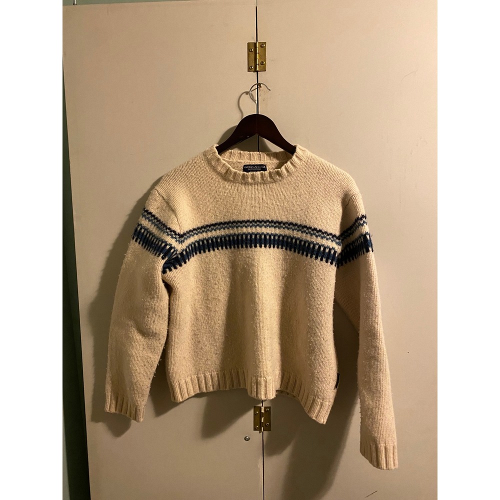 American Eagle Sweater Mens Large Cream Excellent Lambswool Crew Neck Striped